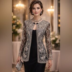 I.S.C. Women’s Black Gold Ivory Mesh Corded Embroidered Evening Jacket M NEW